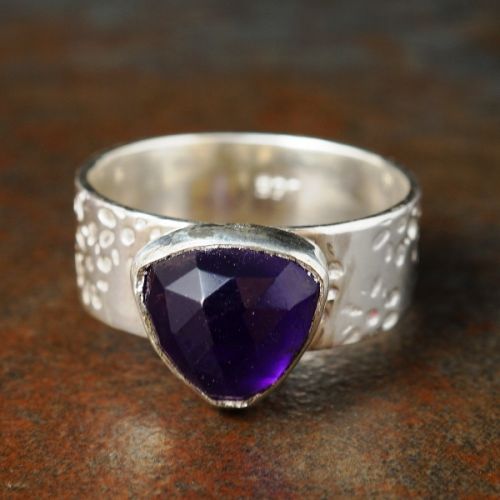 Handcrafted Triangular Amethyst Stamped Sterling Silver Ring 02
