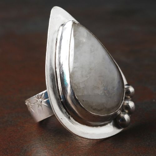 Handcrafted Teardrop Rainbow Moonstone Sterling Silver Bezel Set Star Stamped Ring 02