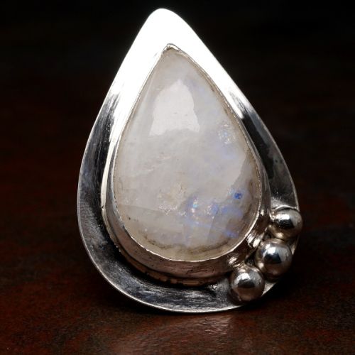Handcrafted Teardrop Rainbow Moonstone Sterling Silver Bezel Set Star Stamped Ring 02