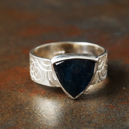 Handcrafted Triangular Faceted Teal Kyanite Sterling Silver Bezel Set Stamped Ring 01