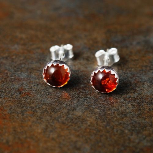 Handmade serrated sterling silver amber studs small
