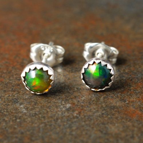 Handmade serrated sterling silver Black Ethiopian Opal Studs - Small 02