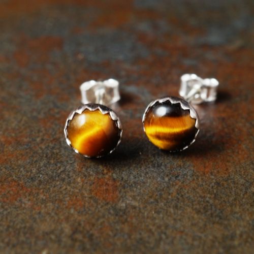 Handmade Serrated sterling silver Golden Tigers Eye Studs - Small