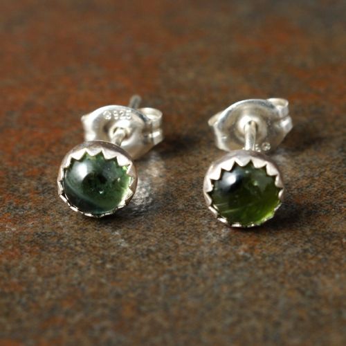 Handmade serrated sterling silver Green Tourmaline Studs - Small 02