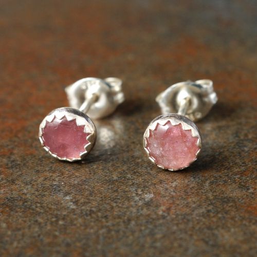 Handmade serrated sterling silver Pink Tourmaline Studs - Small 02