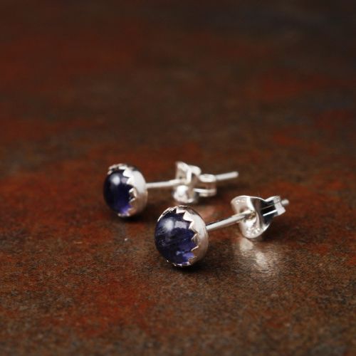 Handmade serrated sterling silver small Round Iolite Studs