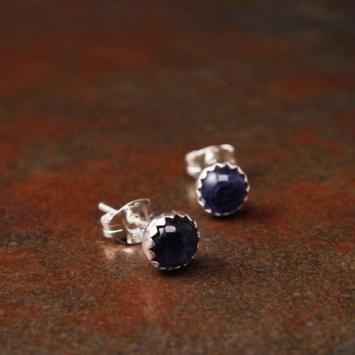 Handmade serrated sterling silver small Round Iolite Studs