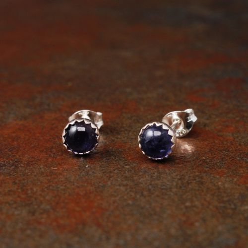 Handmade serrated sterling silver small Round Iolite Studs