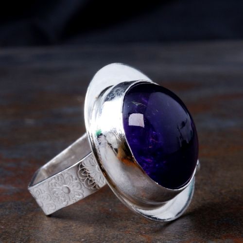 Handcrafted Off Centre Round Amethyst Sterling Silver Star Stamped Hexagonal Ring