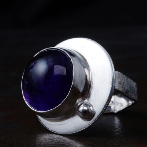 Handcrafted Off Centre Round Amethyst Sterling Silver Star Stamped Hexagonal Ring