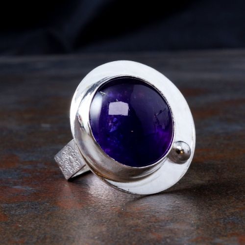 Handcrafted Off Centre Round Amethyst Sterling Silver Star Stamped Hexagonal Ring