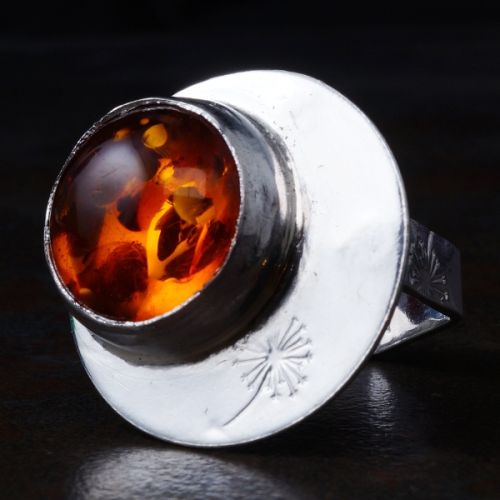 Handcrafted Off Centre Round Baltic Amber Sterling Silver Star Stamped Hexagonal Ring