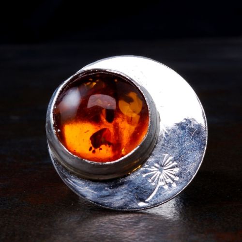Handcrafted Off Centre Round Baltic Amber Sterling Silver Star Stamped Hexagonal Ring