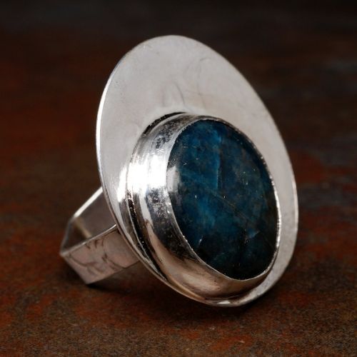 Handcrafted Off Centre Round Neon Apatite Sterling Silver Bubble Stamped Hexagonal Ring