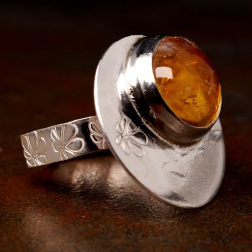 Handcrafted Off Centre Round Citrine Sterling Silver Star Stamped Hexagonal Ring