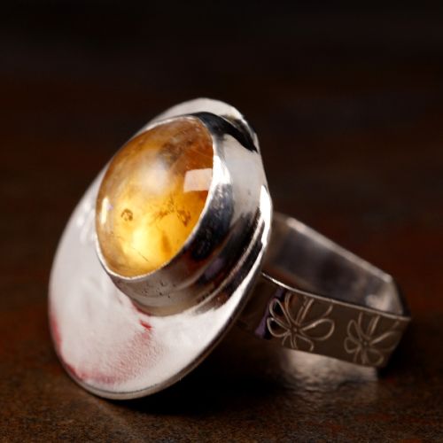 Handcrafted Off Centre Round Citrine Sterling Silver Star Stamped Hexagonal Ring