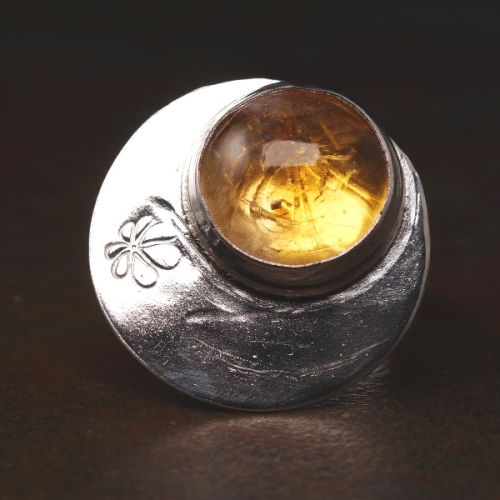 Handcrafted Off Centre Round Citrine Sterling Silver Star Stamped Hexagonal Ring