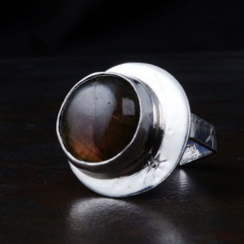 Handcrafted Off Centre Round Purple Labradorite Sterling Silver Star Stamped Hexagonal Ring