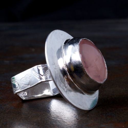 Handcrafted Off Centre Round Rose Quartz Sterling Silver Star Stamped Hexagonal Ring