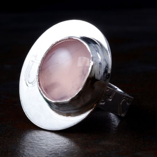 Handcrafted Off Centre Round Rose Quartz Sterling Silver Star Stamped Hexagonal Ring