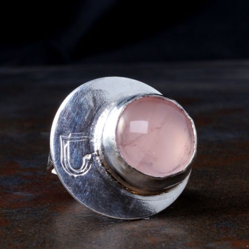 Handcrafted Off Centre Round Rose Quartz Sterling Silver Star Stamped Hexagonal Ring