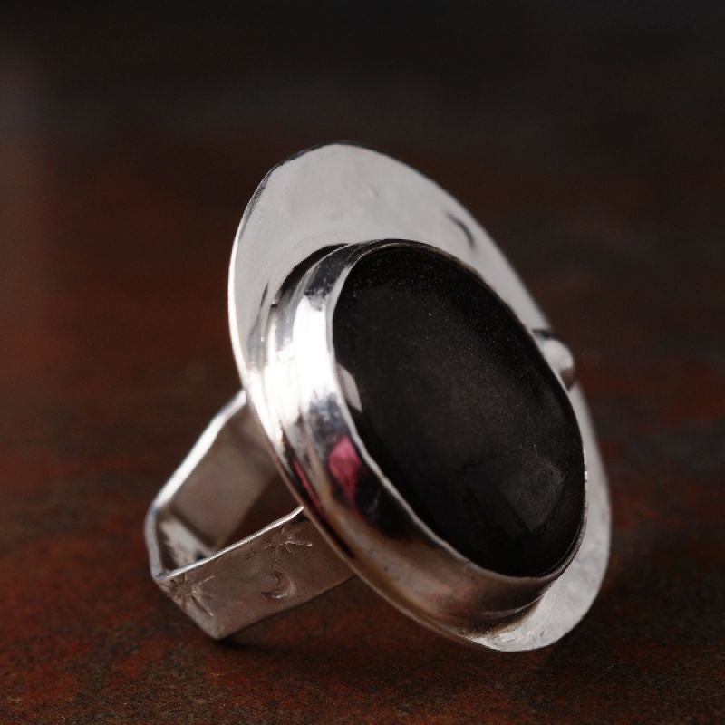Handcrafted Off Centre Round Silver Sheen Obsidian Sterling Silver Star Stamped Hexagonal Ring