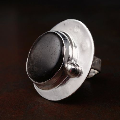 Handcrafted Off Centre Round Silver Sheen Obsidian Sterling Silver Star Stamped Hexagonal Ring