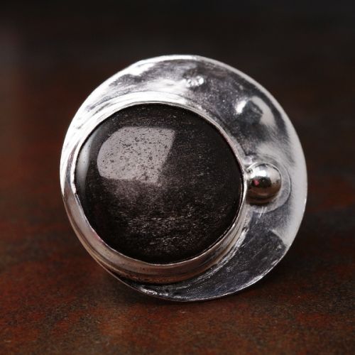 Handcrafted Off Centre Round Silver Sheen Obsidian Sterling Silver Star Stamped Hexagonal Ring