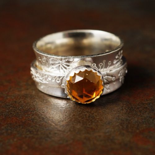 Handcrafted Stamped Sterling Silver Citrine Spinner Ring 01