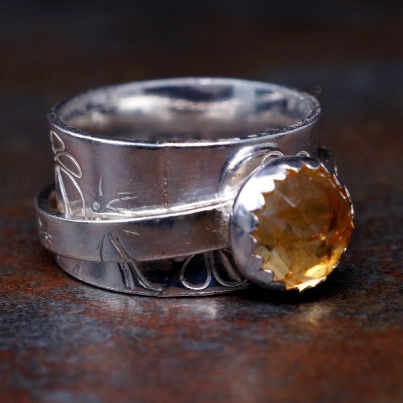 Handcrafted Stamped Sterling Silver Citrine Spinner Ring 02