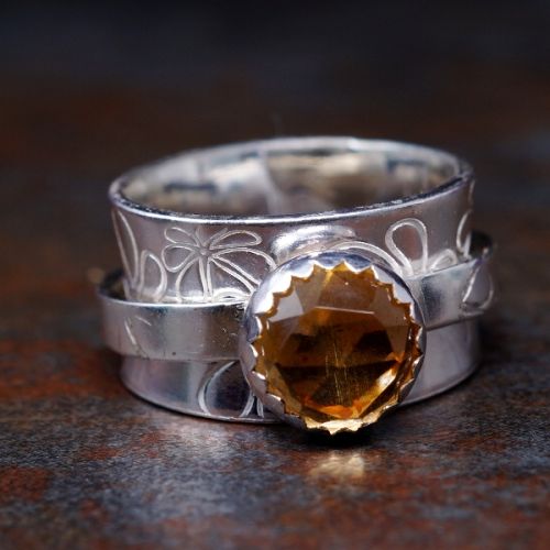 Handcrafted Stamped Sterling Silver Citrine Spinner Ring 02