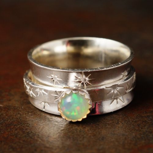 Handcrafted Stamped Sterling Silver Ethopian Opal Spinner Ring 02