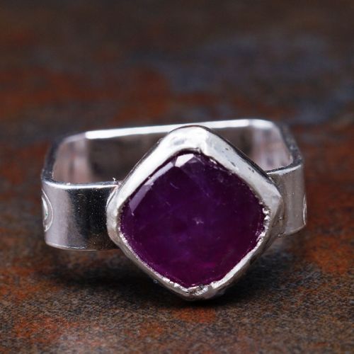 Handcrafted Diamond Pink Sapphire Sterling Silver Heart Stamped Square Ring 01