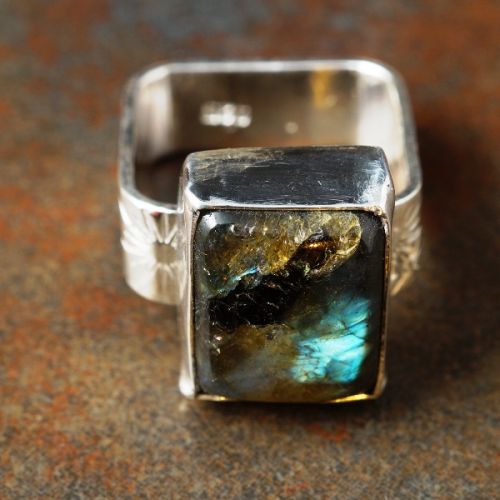 Handcrafted sterling silver rectangular labradorite stamped square ring