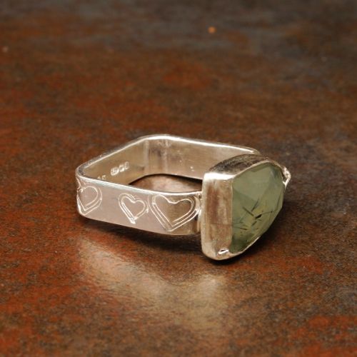 Handcrafted Shield Prehnite Sterling Silver Bezel Set Stamped Square Ring 02