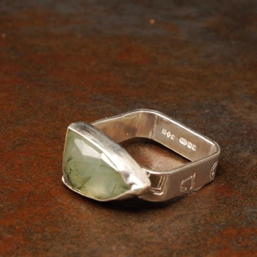 Handcrafted Shield Prehnite Sterling Silver Bezel Set Stamped Square Ring 02