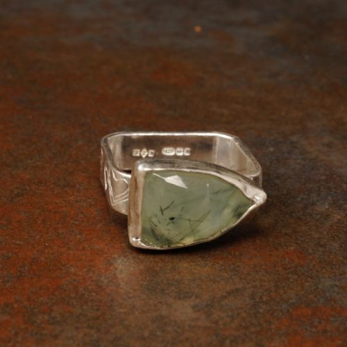 Handcrafted Shield Prehnite Sterling Silver Bezel Set Stamped Square Ring 02