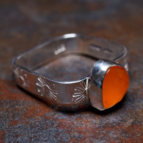 Contemporary Handcrafted Trillion Carnelain Sterling Silver Bezel Set Square Ring 01