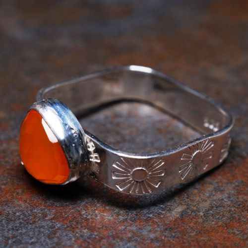 Contemporary Handcrafted Trillion Carnelain Sterling Silver Bezel Set Square Ring 01