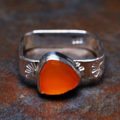 Contemporary Handcrafted Trillion Carnelain Sterling Silver Bezel Set Square Ring 01