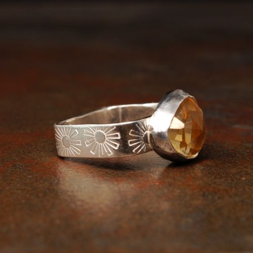 Handcrafted Contemporary Trillion Citrine Sterling Silver Stamped Square Ring