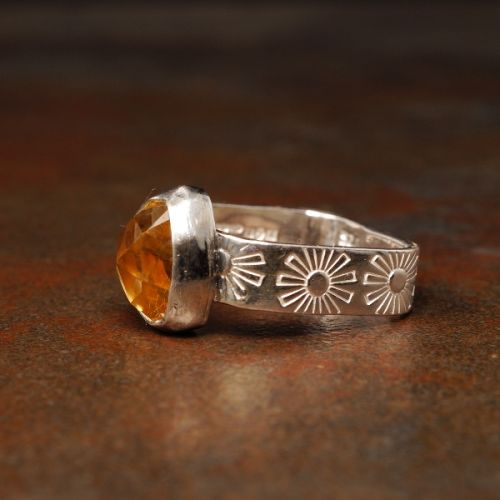 Handcrafted Contemporary Trillion Citrine Sterling Silver Stamped Square Ring
