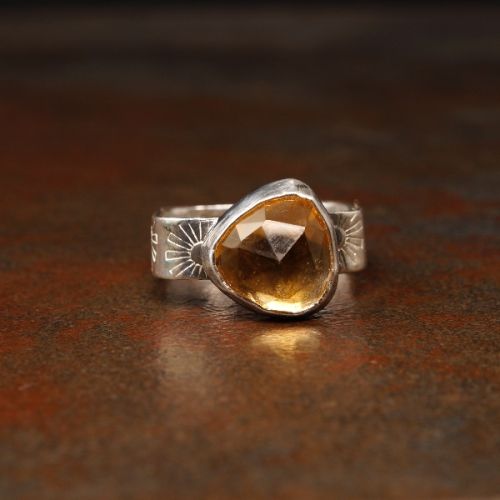 Handcrafted Contemporary Trillion Citrine Sterling Silver Stamped Square Ring