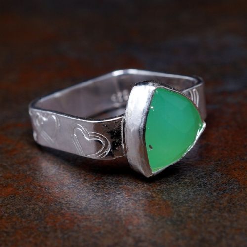 Handcrafted Trillion Chrysoprase Bezel Set Stamped Sterling Silver Square Ring 03
