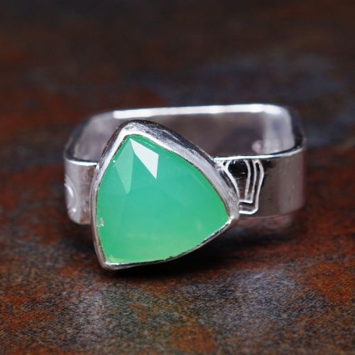 Handcrafted Trillion Chrysoprase Bezel Set Stamped Sterling Silver Square Ring 03