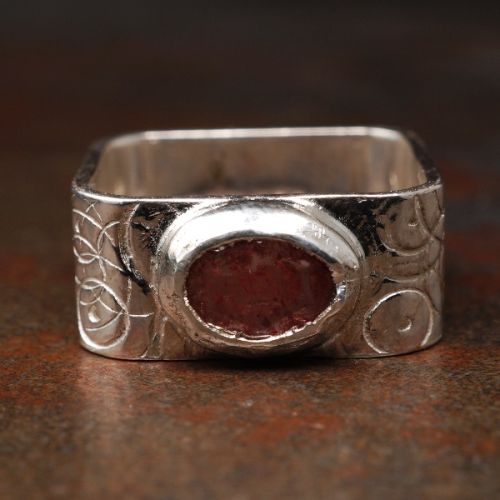 Handcrafted Contemporary Andesine Labradorite Sterling Silver Patterned Wide Square Signet Ring