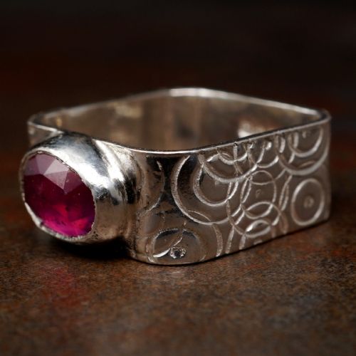 Handcrafted Contemporary Hot Pink Sapphire Sterling Silver Patterned Wide Square Signet Ring