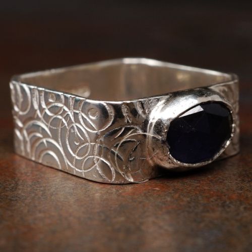 Handcrafted Contemporary Iolite Sterling Silver Patterned Wide Square Signet Ring