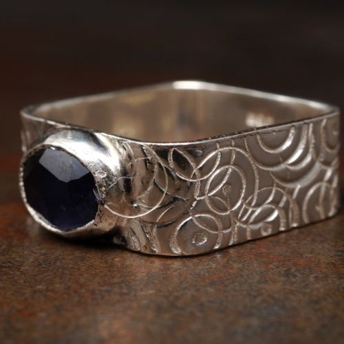 Handcrafted Contemporary Iolite Sterling Silver Patterned Wide Square Signet Ring