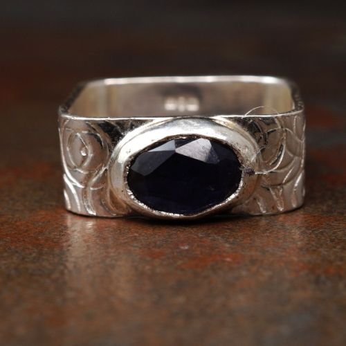 Handcrafted Contemporary Iolite Sterling Silver Patterned Wide Square Signet Ring